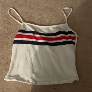 white, blue, and red striped garage tank top